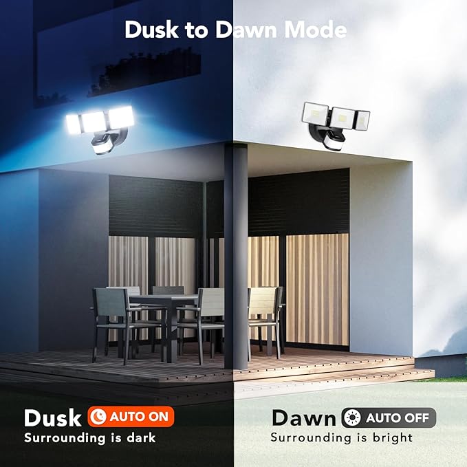 OREiN 2 Pack Motion Sensor Outdoor Lights, 4500LM/30W 180°/50FT Motion Sensor, Dusk to Dawn Flood Lights Outdoor IP65 Waterproof 3 Modes LED Security Light for Garage, Yard, Black (Hardwired)-VerdiqueGarden