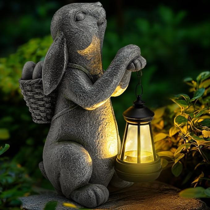 Solar Garden Outdoor Statues Rabbit with Solar Lantern,Outdoor Bunny Figurines Decorations,Lawn Decor Bunny Statue for Patio, Balcony, Yard Ornament,Unique Housewarming and Easter Gifts-VerdiqueGarden