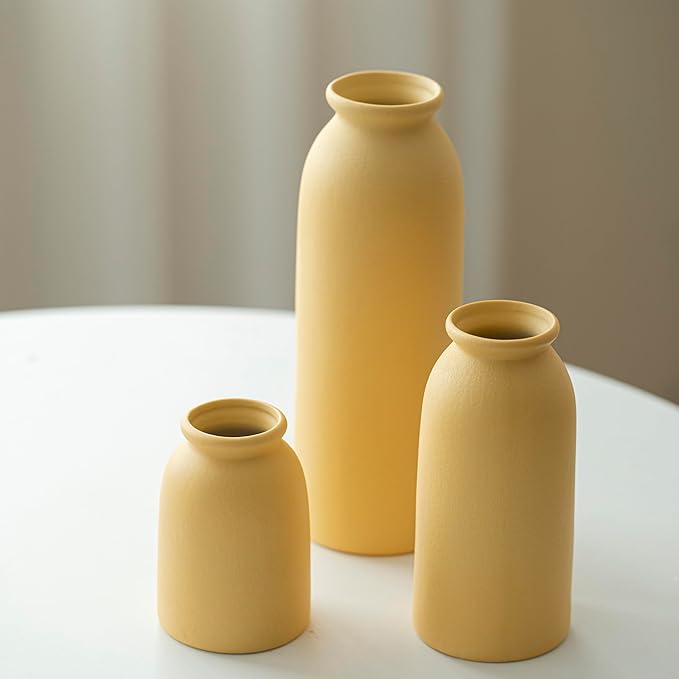 Ceramic Vase Set-3, Small Flower Vases for Decor, Modern Boho Farmhouse Style, Decorative Vases for Pampas Grass & Dried Flowers, Distressed Finish (Yellow)-VerdiqueGarden