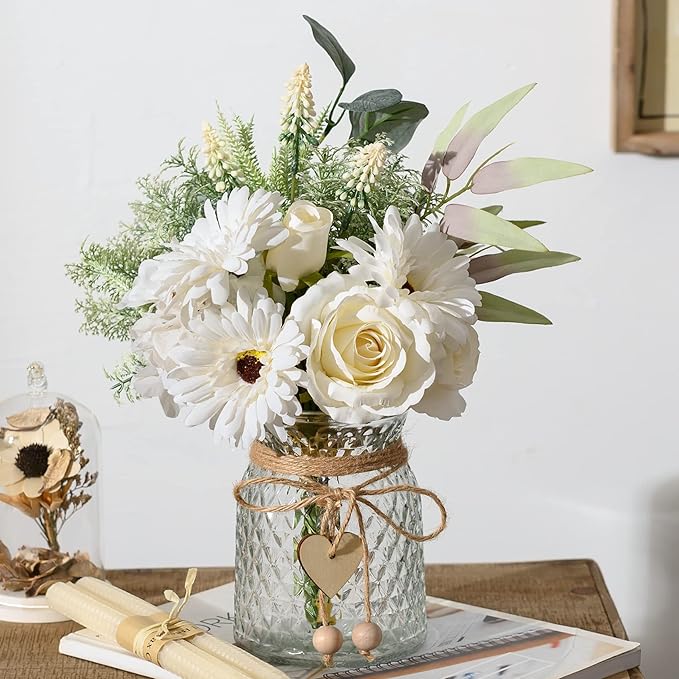 Artificial White Flowers with Vase, Fake Flowers Arrangement for Home Decor, Faux Flowers for Farmhouse Coffee Table Decor, House Kitchen Centerpiece Table Decorations-VerdiqueGarden