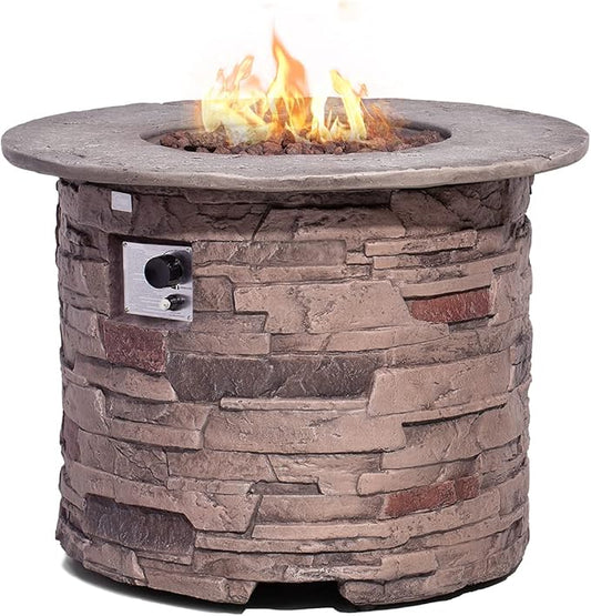 COSIEST Outdoor Propane Concrete Fire Pit Table w Imitation Stone Surface 32-inch Round Fire Table, CSA Certified, 40,000 BTU Stainless Steel Burner, Free Lava Rocks, Fits 20lb Tank Inside-VerdiqueGarden