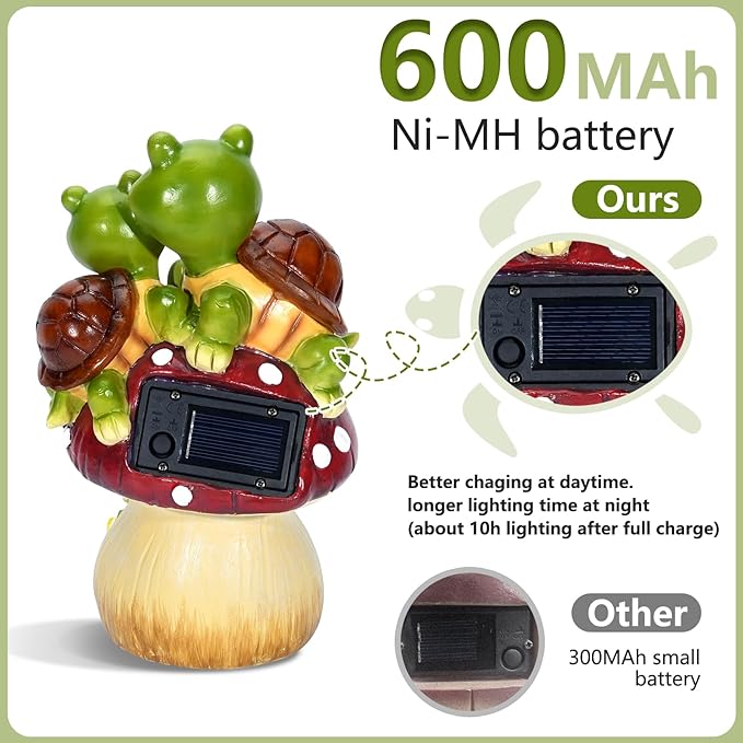 Solar Light Turtle Garden Statue, Turtle on Mushroom Figurine, Lovely Tortoise Garden Statue with 5 LED Lights for Patio, Balcony, Yard, Housewarming, Lawn Ornament, Outdoor Lawn Decor-VerdiqueGarden