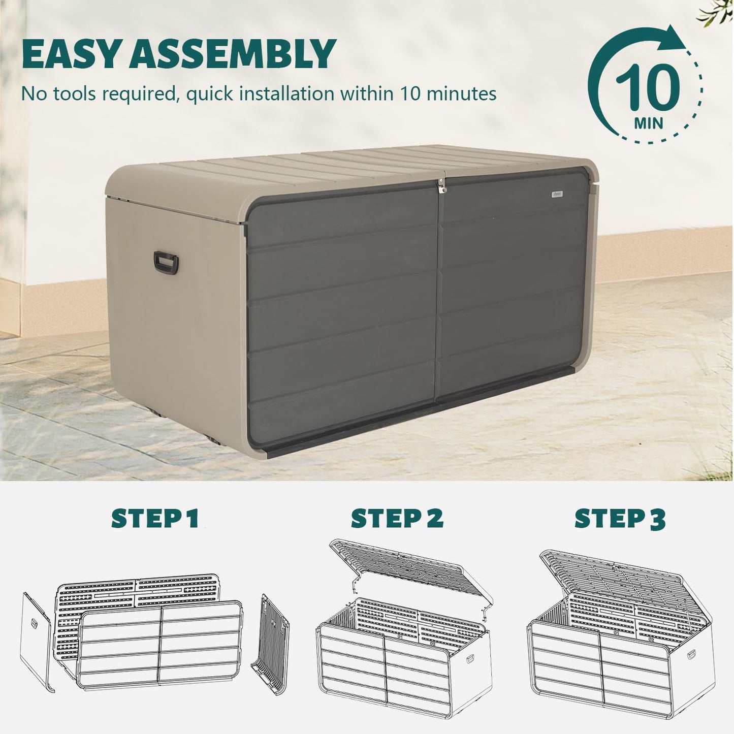 Domi 260 Gallon Outdoor Storage Box – Waterproof, UV-Resistant Deck Box with Lockable Lid for Patio Furniture, Garden Tools, Delivery Packages (Large Resin Storage Bin）-VerdiqueGarden