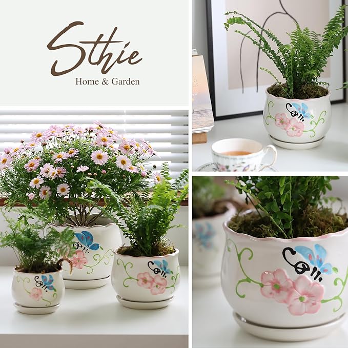 Ceramic Plant Pots with Drainage Holes and Saucers, Round Flower Pots for Indoor Plant, 3.9/5.2/6.7 Inches Flower Large Planters Set of 3-VerdiqueGarden