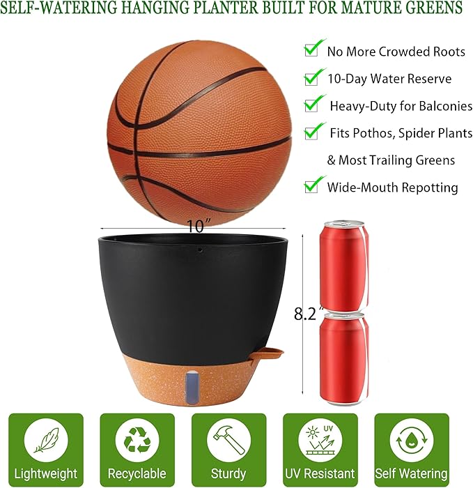 10 Inch Hanging Planters for Indoor Plants, 2 Pack Self Watering Hanging Baskets Flower Pots with Drainage Hole, Visual Reservoir & 2 Kinds of Plant Hanger for Outdoor Garden Home Decor（Black）-VerdiqueGarden