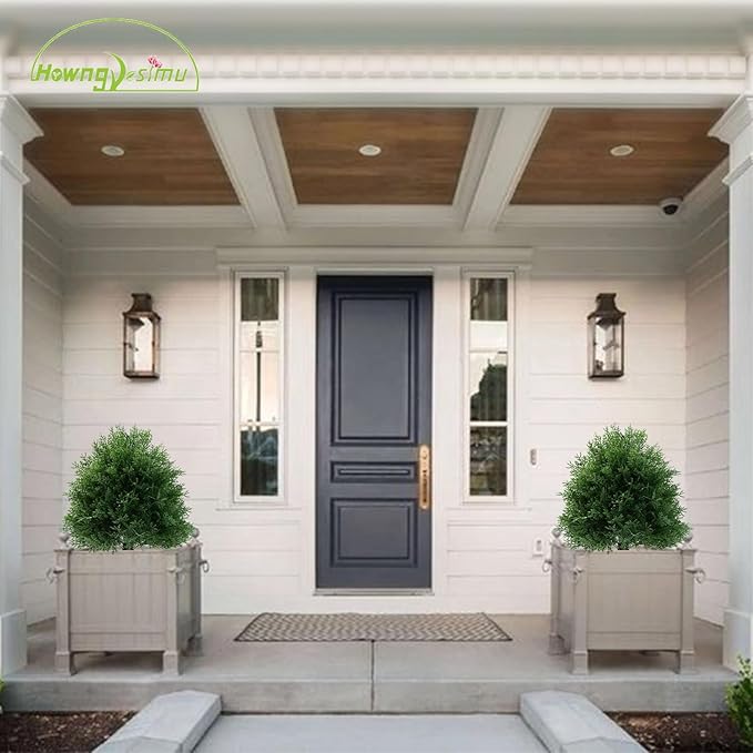 20" Artificial Cedar Topiary Ball Trees with Ground Spike, 2 Pack UV Resistant Artificial Shrubs, Fake Evergreen Artificial Plant Brush for Indoor Outdoor Front Porch Garden-VerdiqueGarden