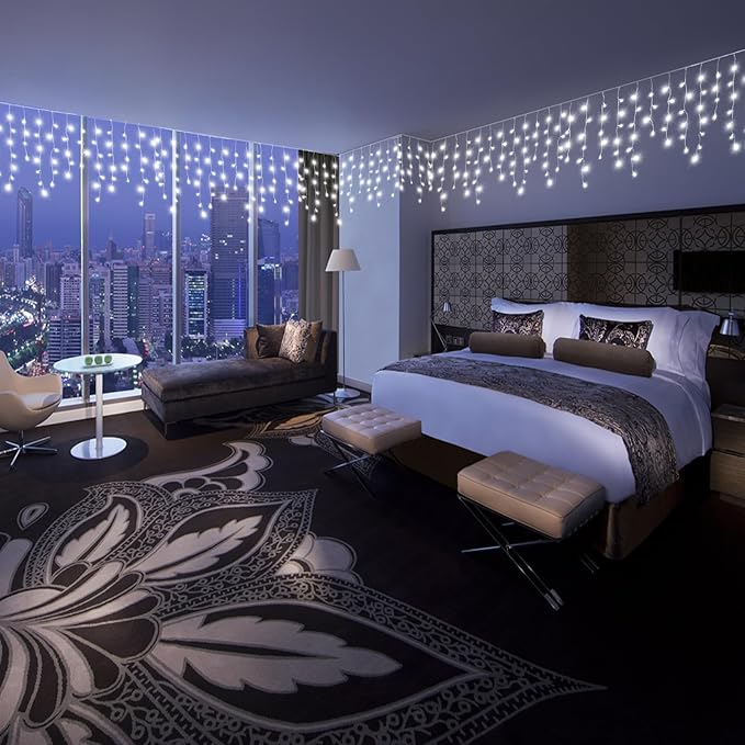 Icicle Lights for Outside, 33FT 400 LED Icicle Christmas Lights with 8 Modes 75 Drops, Waterproof Plug in Curtain String Lights for Outdoor Indoor House Yard Roof Wedding Decorations, White-VerdiqueGarden