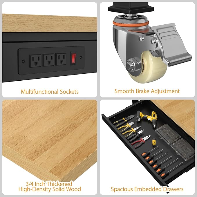 60" Adjustable Workbench,Heavy-Duty Work Table,3000 LBS Load Capacity Particleboard Hardwood Workstation Outlets with Power Strips, Drawers and Wheels,for Workshop, Garage-VerdiqueGarden