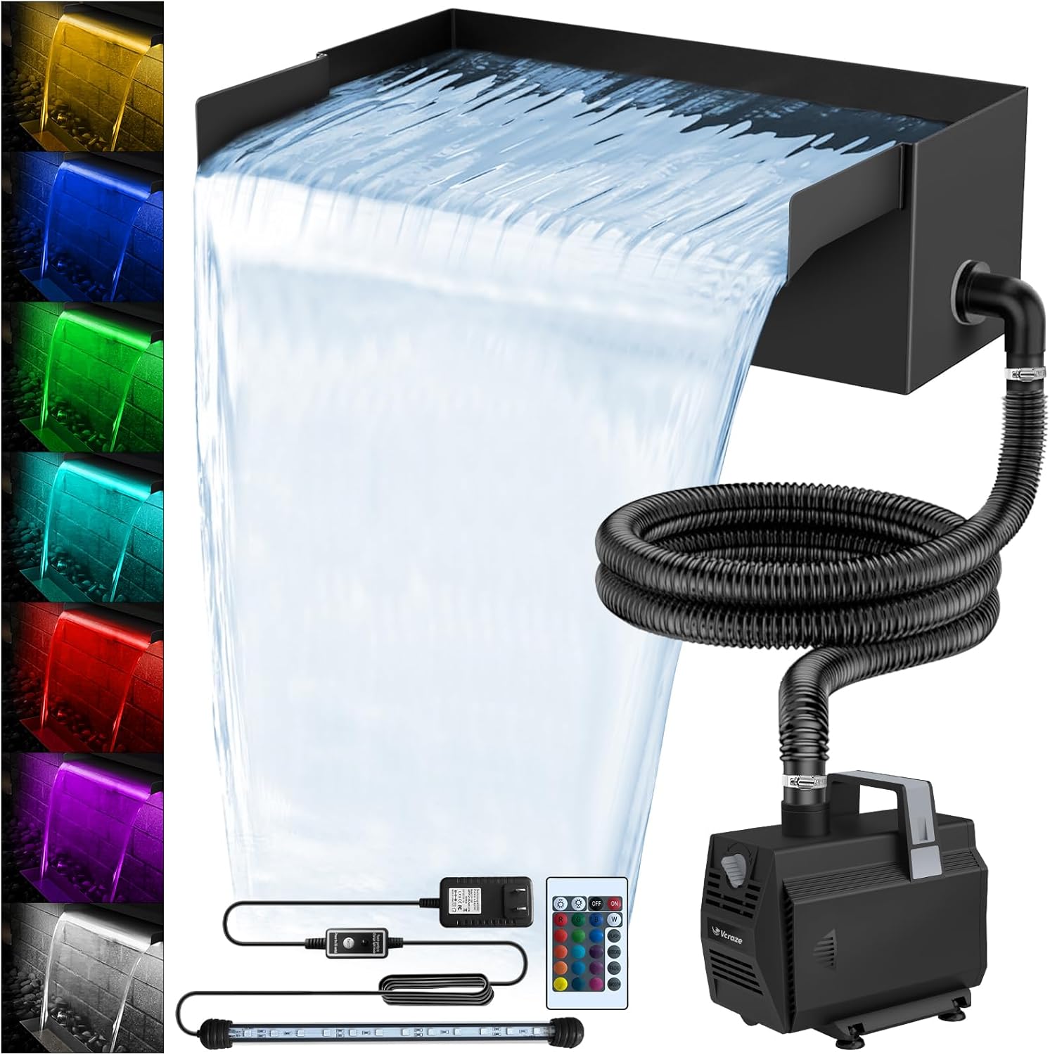 All-in-1 Pond Waterfall Kit with LED Lights, 8 inch Stainless Steel Spillway with 600GPH Water Pump, Outdoor Waterfall Fountain for Water Feature, Garden, Backyard, Pool-VerdiqueGarden