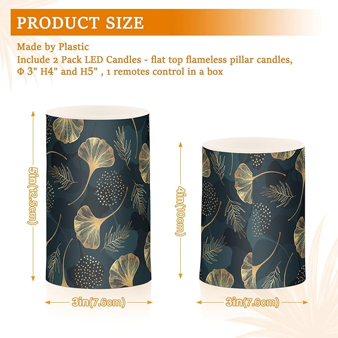 Flickering Flameless Candles, Golden Ginkgo Leaf LED Candles with Remote Timer, Set of 2 Battery Operated Candle for Valentine Wedding Birthday-VerdiqueGarden