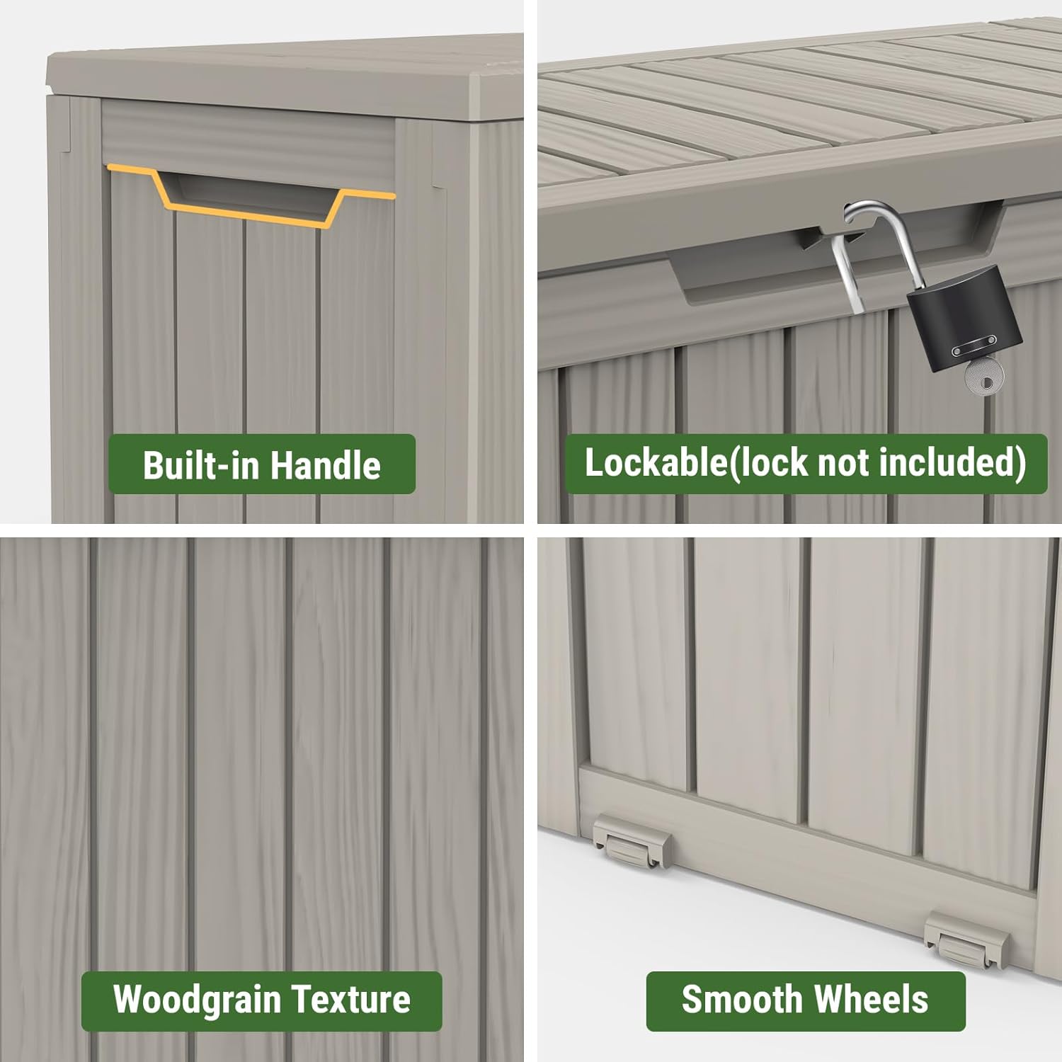 Mars Villa 72 Gallon Deck Box, Outdoor Storage Box Waterproof, Outside Resin Storage Bin for Patio Furniture Cushions, Pool Supplies, Garden Tools, UV-Resistant and Weatherproof, with 4 Wheels, Greige-VerdiqueGarden