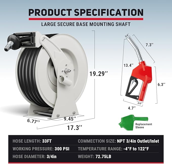 Fuel Hose Reel, 3/4" x 33FT Retractable Hose with Refueling Nozzle, 300 PSI Heavy-duty Steel Construction, Diesel Fuel Kerosene Reel Used for Aircraft Ship Vehicle Tanker Truck-VerdiqueGarden
