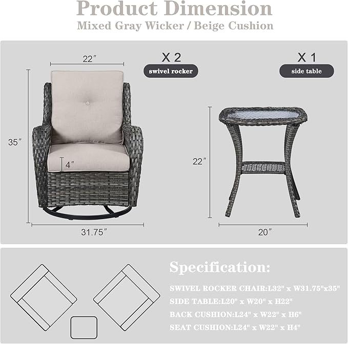 3 PCS Patio Furniture Set - Mixed Grey Wicker Swivel Rocking Chairs with Side Table, Furniture Set for Outdoor-VerdiqueGarden