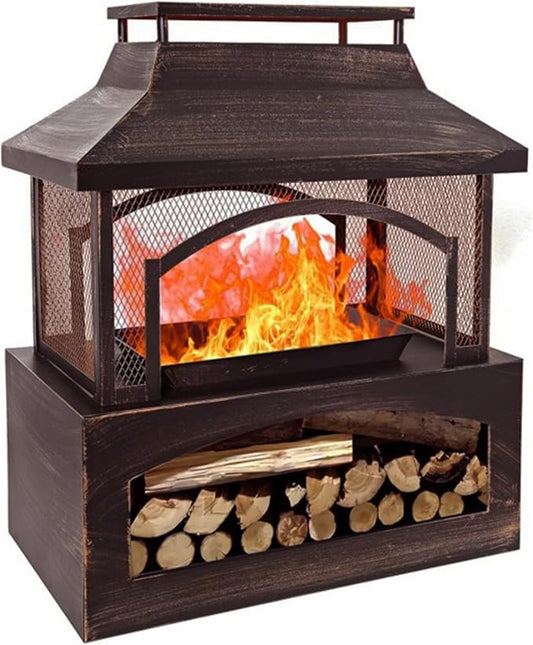 Red Mountain Valley 37in Outdoor Wood Burning Fireplace, Large Outdoor Fire Pit with Log Grate and Poker, Chimney Outside Fireplace with Firewood Racks Storage for Patio, Garden and Backyard-VerdiqueGarden