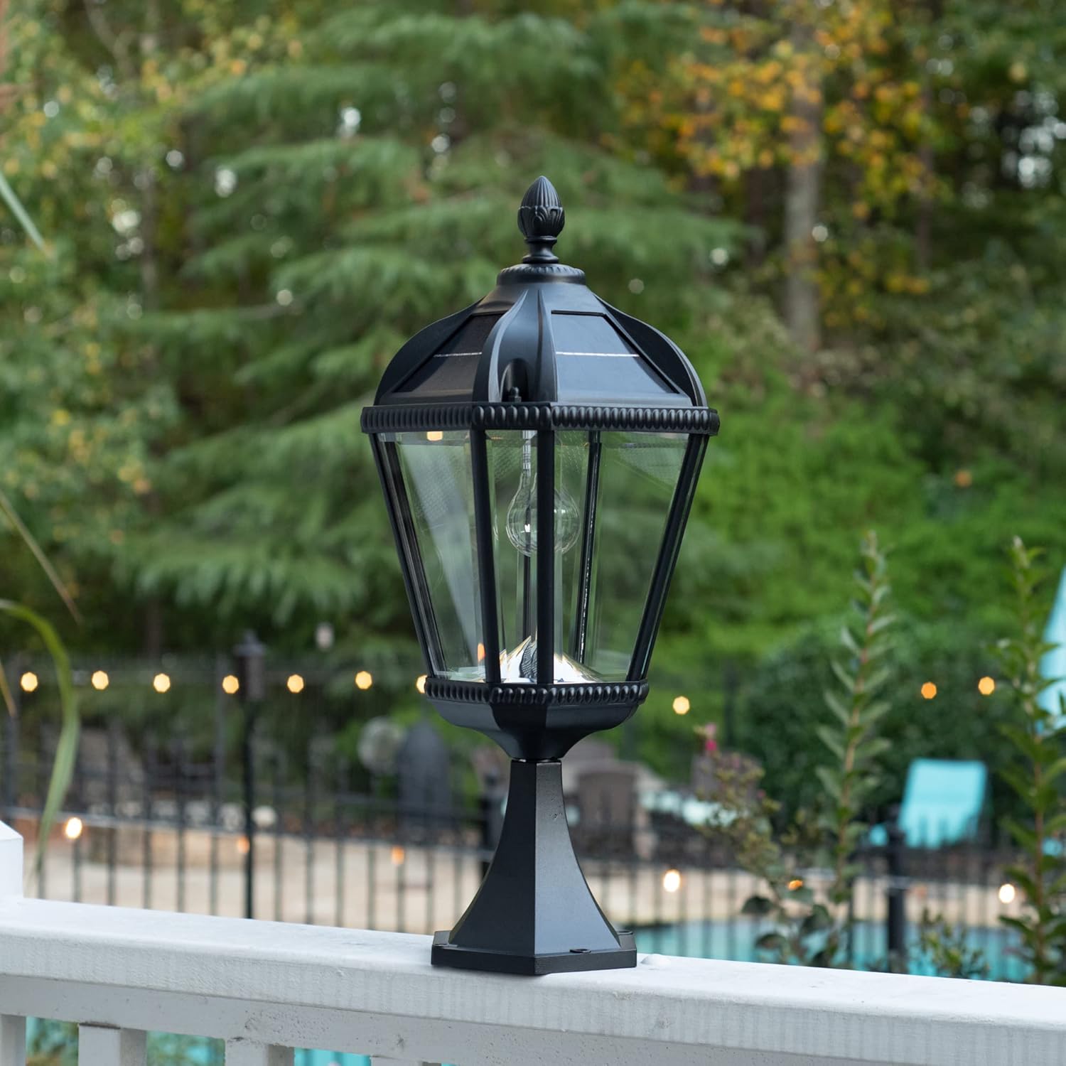 Gama Sonic Outdoor Solar Post Light with Pier Base, Black Aluminum and Beveled Glass, Royal Bulb 150 Lumens Warm White LED, Mount on Column, Pillar, or Flat Exterior Surface (98B011) (Upgraded)-VerdiqueGarden