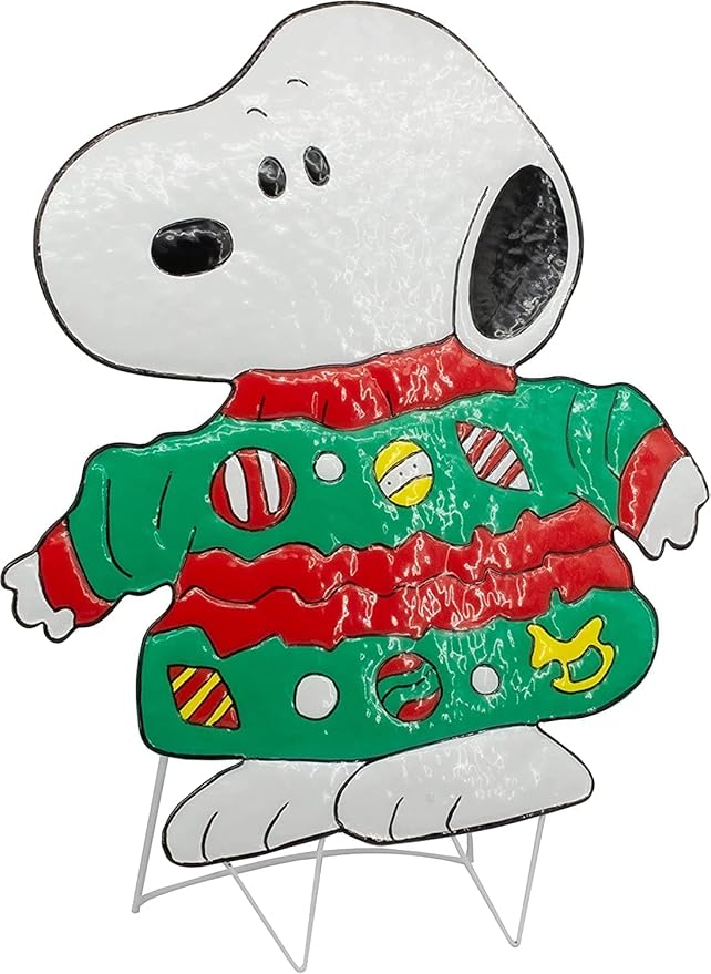 Peanuts Gang Around The Tree Christmas Yard Art Outdoor Christmas Decor Hammered Metal (24'' Snoopy in Ugly Christmas Sweater), 18'' wide x 32'' high-VerdiqueGarden