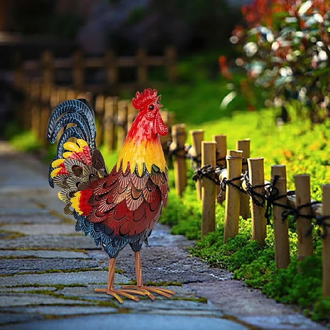 XONOR Metal Rooster Statues, Garden Chicken Decorations, Outdoor Chicken Sculpture, Metal Yard Rooster Artwork for Outdoor, Patio, Backyard and Home Kitchen Decoration (1pc, Blue Red)-VerdiqueGarden