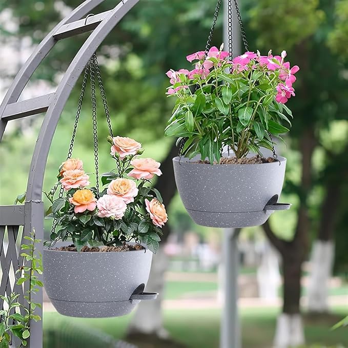 12 Inch Hanging Baskets 2 PC with Chains, Self-Watering Hanging Planters for Indoor Outdoor Plants, Plastic Hanging Flower Pots,Speckled Grey-VerdiqueGarden
