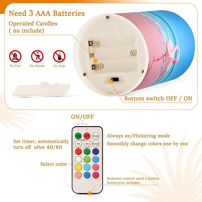 Flickering Flameless Candles, Pink Flamingo on Beach LED Candles with Remote Timer, Set of 2 Battery Operated Candle for Valentine Wedding Birthday-VerdiqueGarden