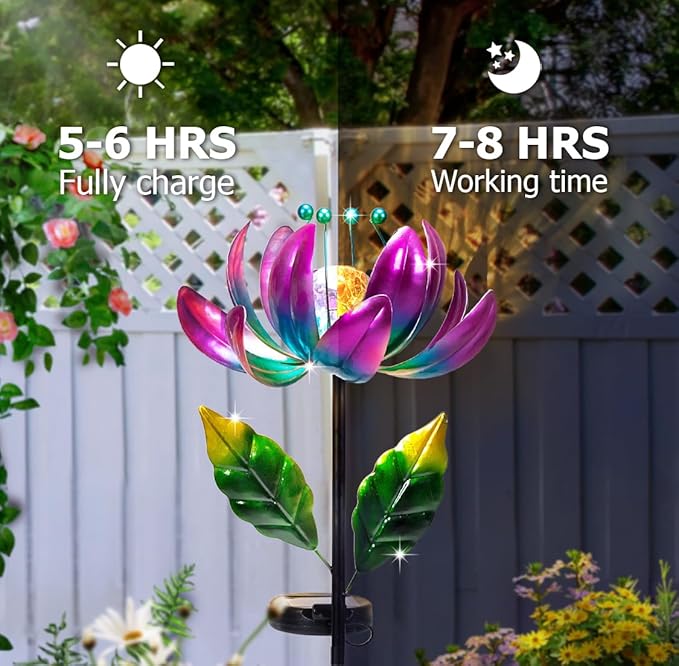 Huaxu Solar Outdoor Lights 35.4In Garden Decor Flower Wind Spinners,Waterproof LED Crackle Glass Globe Purple Lotus Art Metal Stake for Lawn Patio Pathway Yard Porch Driveway Decorations Gift-VerdiqueGarden