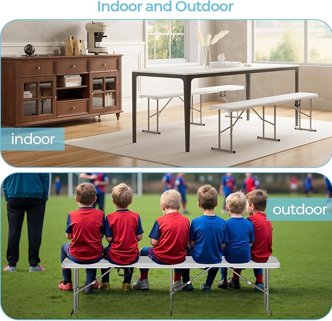 6ft HDPE Folding Bench, Foldable Seat with Sturdy Frame and Security Lock for Indoor and Outdoor, Multipurpose Entertaining Activities, Portable and Easy to Store, 2 Pack, White-VerdiqueGarden