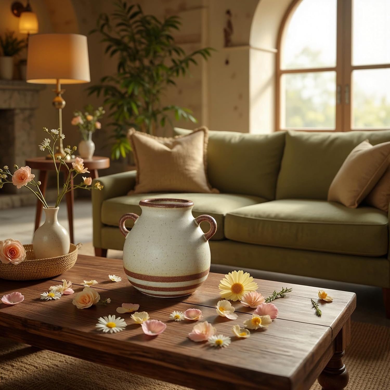 Rustic Farmhouse Ceramic Vase, Pastoral with 2 Ear Design, Boho Vintage Terracotta Vases for Bouquet、Fake Plants, Suitable for Home Decor, Shelf, Dining Table, Living Room, Mantle, Bathroom, 5.9 Inch-VerdiqueGarden