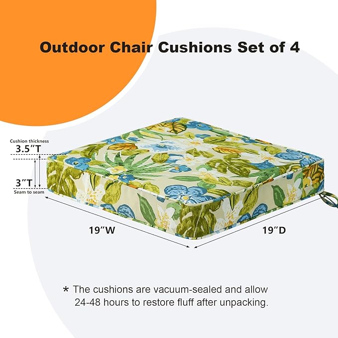 Square Corner Seat Cushions, 19" x 19" x 3", Set of 4, Indoor Outdoor Water Repellent Universal Chair Pads with Ties for Patio Furniture, Garden Dining Chairs, Blue Flower-VerdiqueGarden