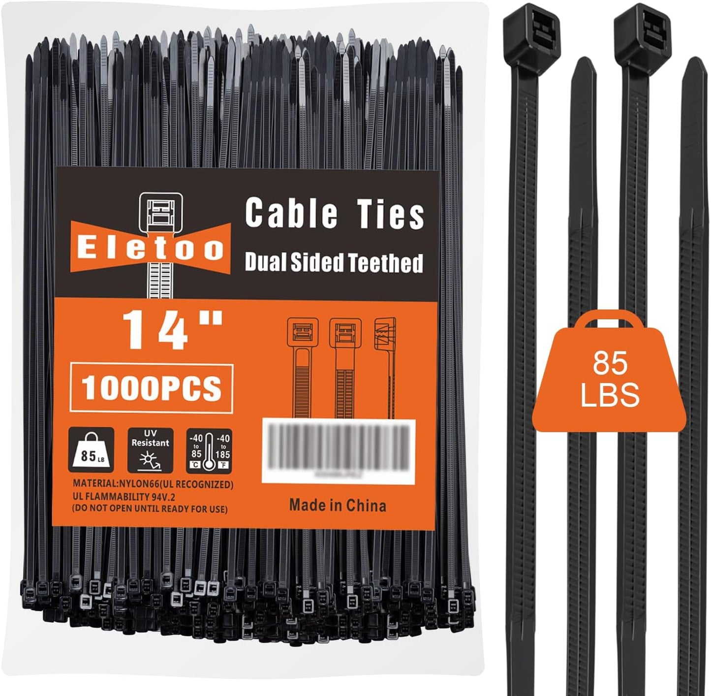14 inch Black Zip Ties (1000 Pack), 2025 New Patented Design, 85 LBS Tensile Strength, Self-Locking Nylon PA66 UV Resistant Cable Ties for Indoor and Outdoor Use-VerdiqueGarden