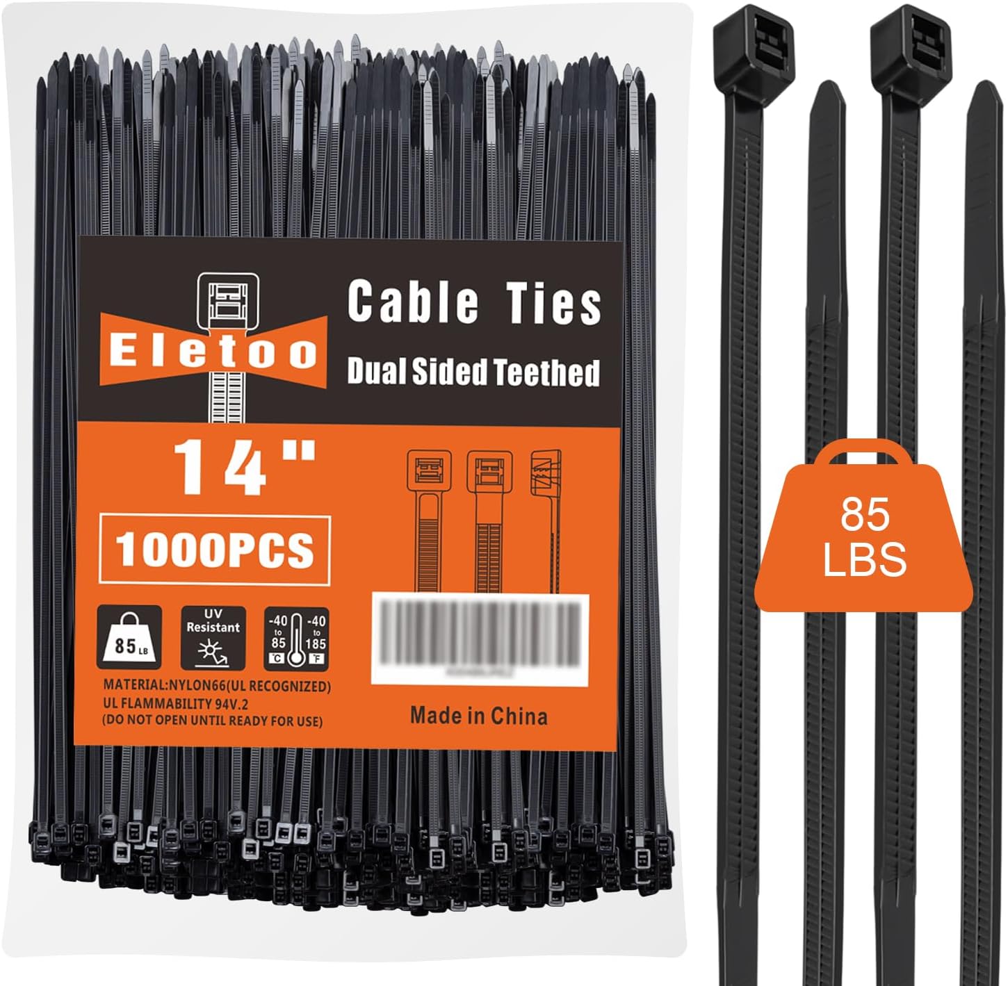 14 inch Black Zip Ties (1000 Pack), 2025 New Patented Design, 85 LBS Tensile Strength, Self-Locking Nylon PA66 UV Resistant Cable Ties for Indoor and Outdoor Use-VerdiqueGarden