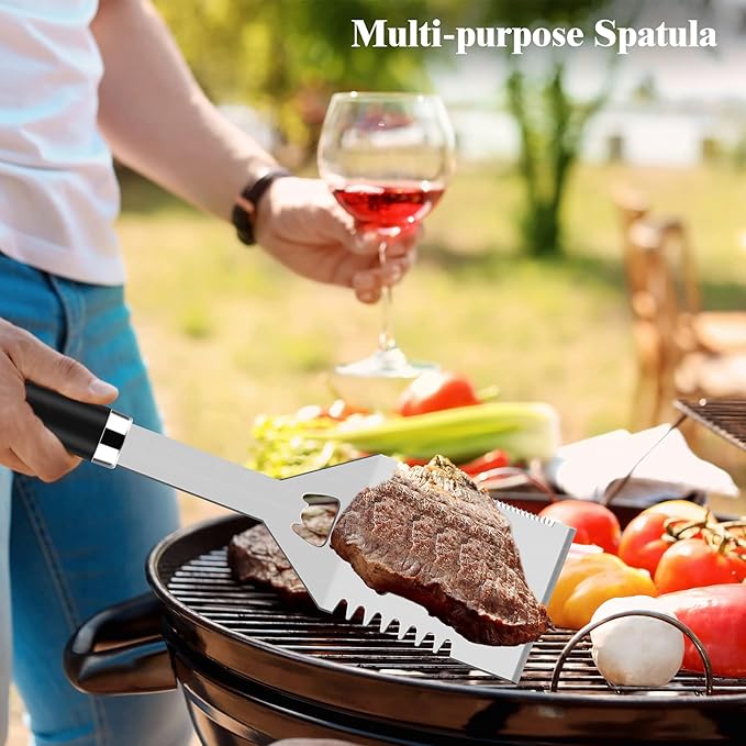 ROMANTICIST 25pcs Extra Thick BBQ Grill Accessories, Fathers Day Grilling Gifts Set for Men Dad, Heavy Duty Grill Tools Utensils Kit with Spatula, Tongs in Aluminum Case for Birthday Black-VerdiqueGarden