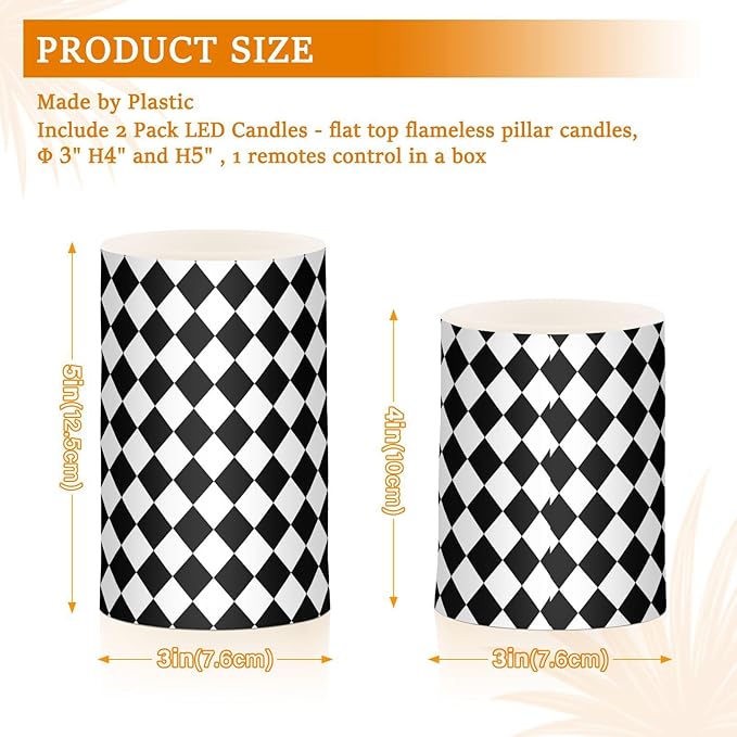 Flickering Flameless Candles, Black White Rhombuses Checkered LED Candles with Remote Timer, Set of 2 Battery Operated Candle for Valentine Wedding Birthday-VerdiqueGarden
