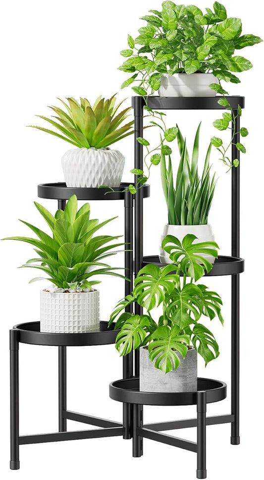 iDavosic.ly 5 Tier Large Plant Stand Indoor with 10 Inch Wide Tray, Tiered Corner Metal Outdoor Flower Display Holder Shelf, Folding Tall Rack for Patio Porch Living Room, Modern Black-VerdiqueGarden