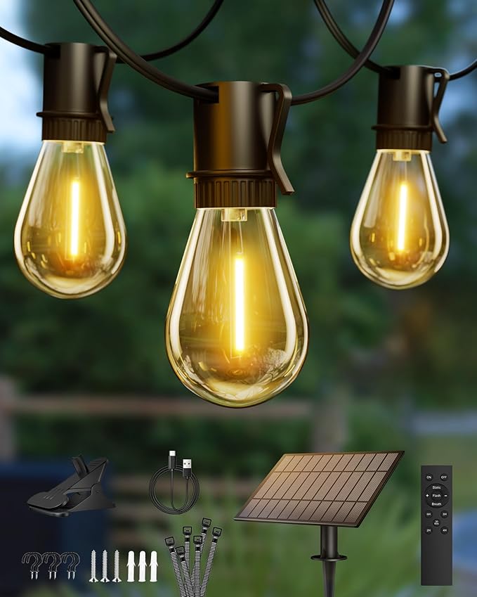 Torkase 50FT Solar Patio Lights Outdoor 15+1 Shatterproof LED Bulbs USB Rechargeable Waterproof Remote Control for Garden Porch Deck Camping-VerdiqueGarden