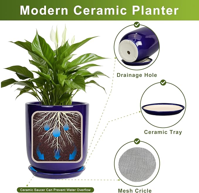 10 Inch Plant Pot - Ceramic Pot for Indoor Plants Large Planter Modern Outdoor Flower Pot with Drainage Hole and Saucer for Home Patio Decor Blue-VerdiqueGarden