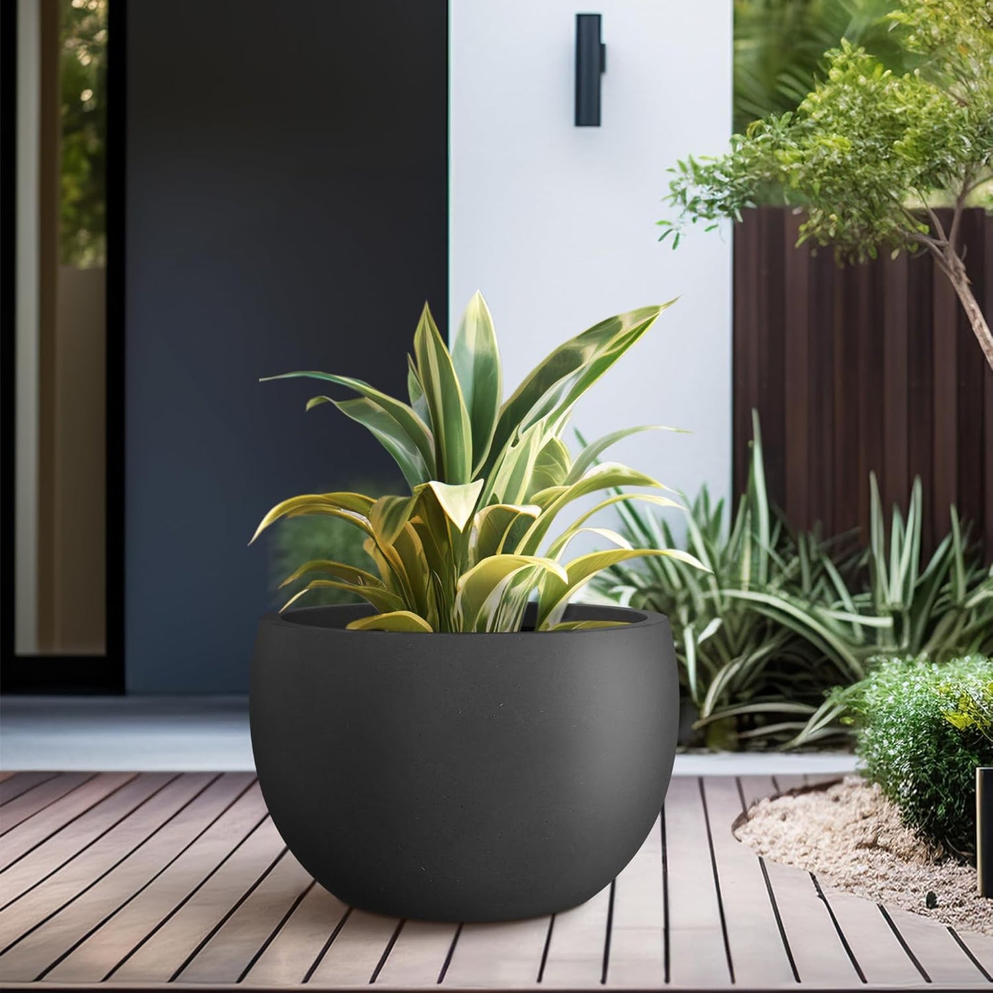 Kante 15.7" Dia Round Concrete Planter, Outdoor/Indoor Large Bowl Plant Pots with Drainage Hole and Rubber Plug for Garden Patio Balcony Home, Black-VerdiqueGarden