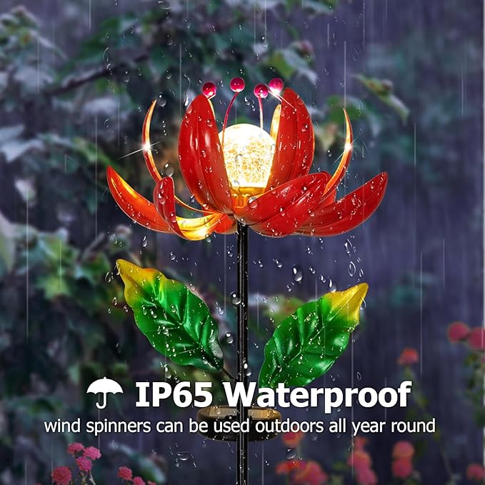 Solar Lights Outdoor Wind Spinners, Metal Lotus Flower Garden Decor with Waterproof LED Crackle Glass Globe for Patio Lawn Yard Outdoor Decor-VerdiqueGarden