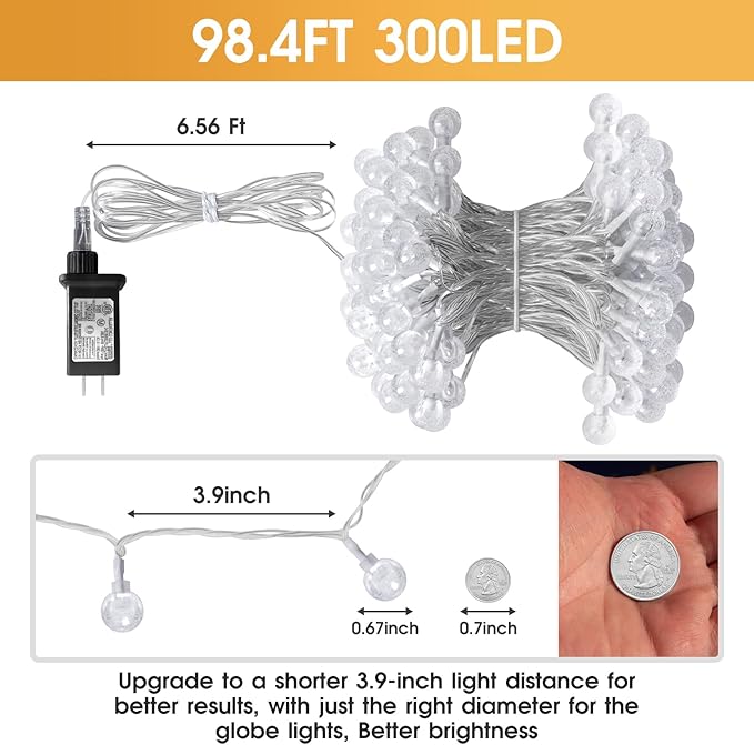 98.4ft 300LED Globe String Lights Outdoor,Crystal Fairy Light IP44 Waterproof Outdoor Hanging Decorative Lights for Home Tent Patio Garden Party Wedding Decor-VerdiqueGarden