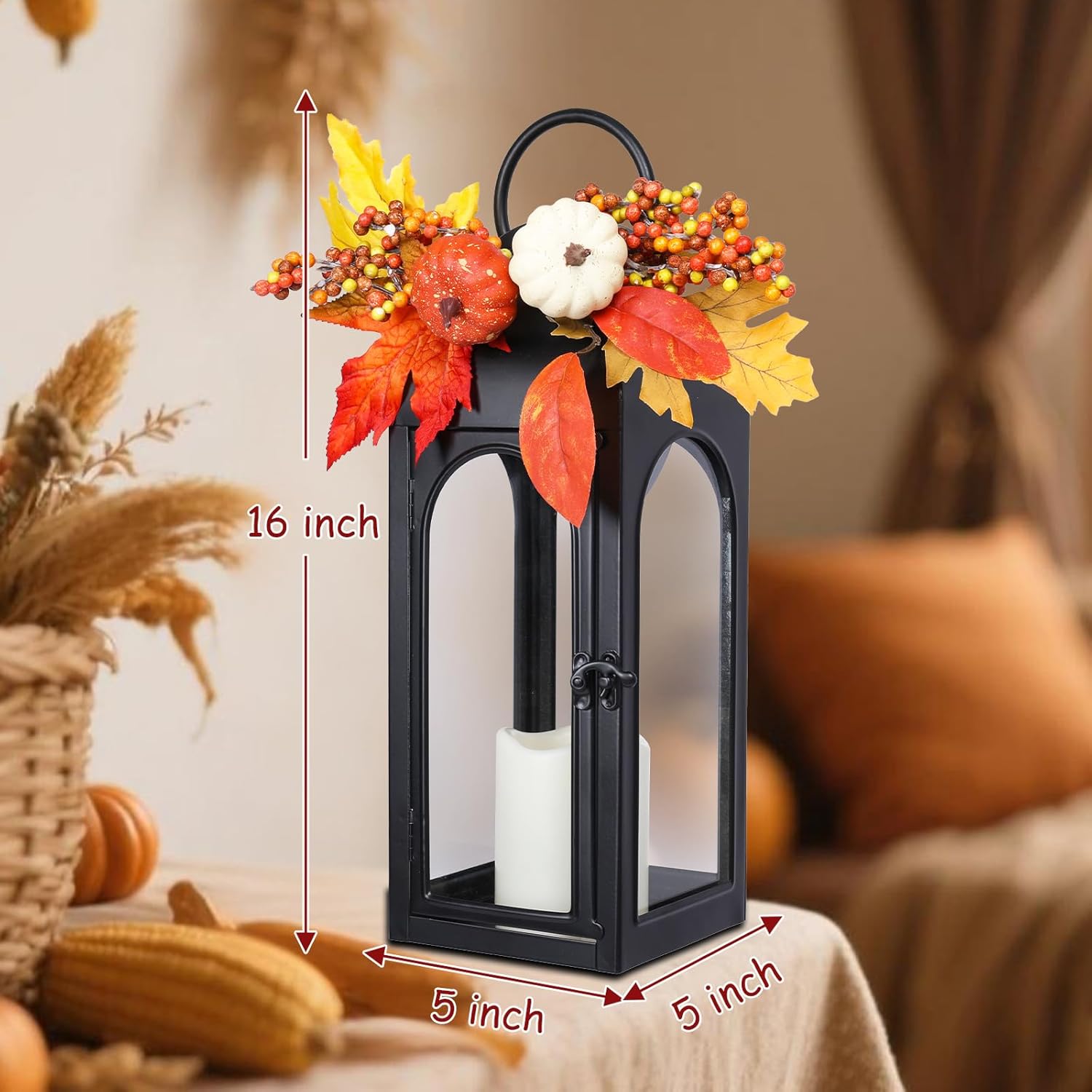 Bdor 2 Pack Fall Lanterns Decor with LED Candle – 16 Inch Harvest Pumpkin Maple Leaf Hanging Lantern for Autumn Thanksgiving Table Centerpiece Indoor Outdoor Decoration, Battery Operated-VerdiqueGarden