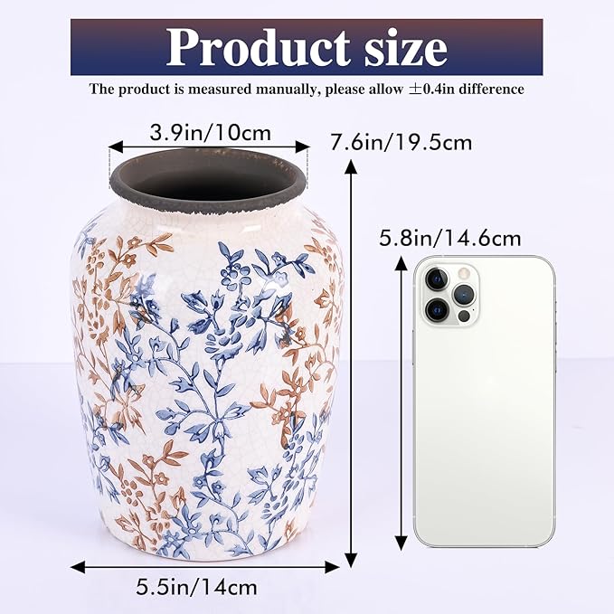 Vintage Vase for Flowers,Blue Chinoiserie Ceramic Vase,Rustic Farmhouse Cracked Vases,for Flower Arrangement,Living Room, Office, Shelf, Fireplace Tables,Centerpieces,Chinoiserie Pottery Decor(C)-VerdiqueGarden