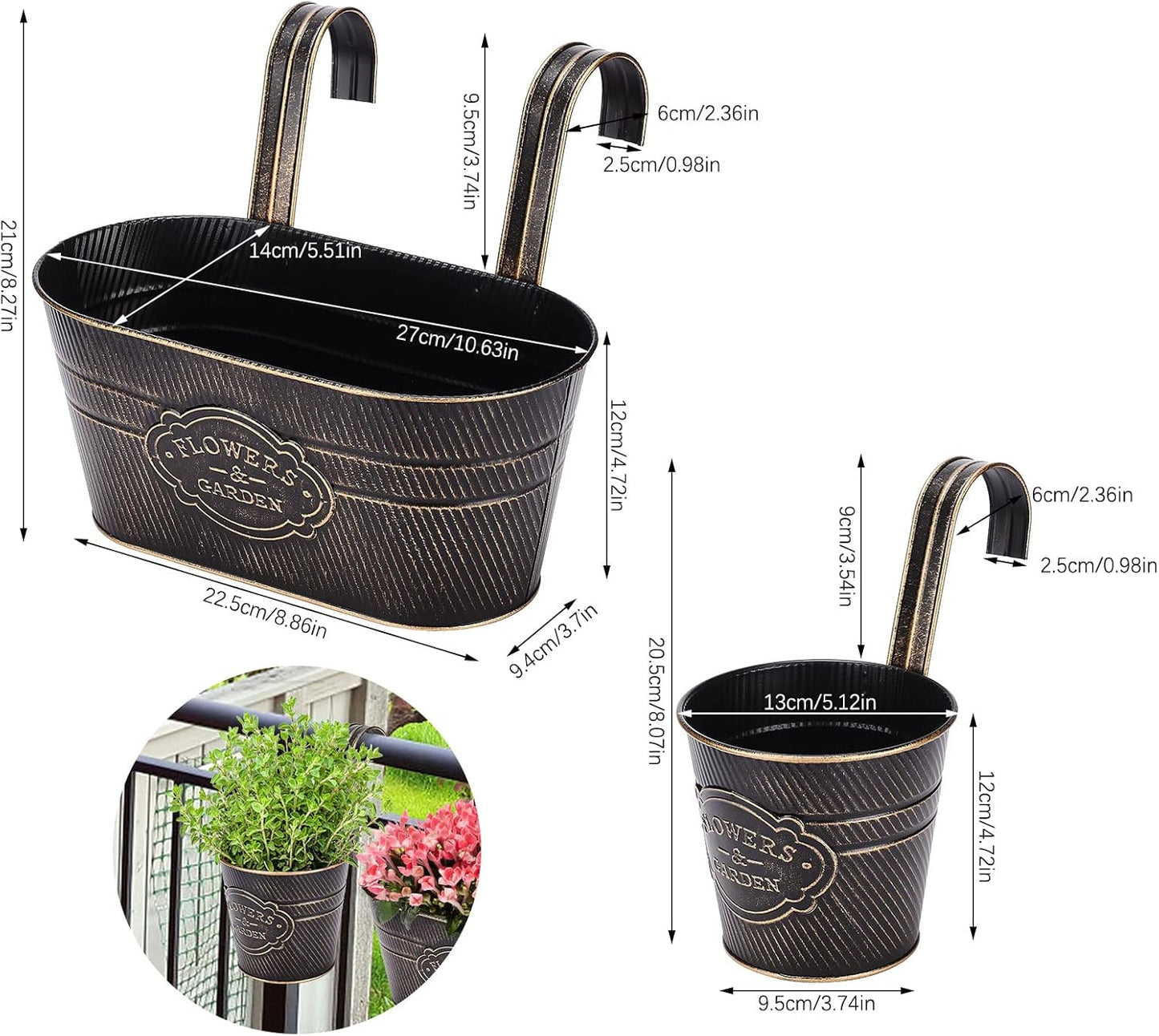 PerGar Vintage Metal Iron Wall Hanging Flower Pots, Rustic Planter Bucket Herb Flower Plant Holder with Detachable Hooks & Drainage Hole for Railing Fence Balcony Deck Garden Home Decoration, Set of 3-VerdiqueGarden