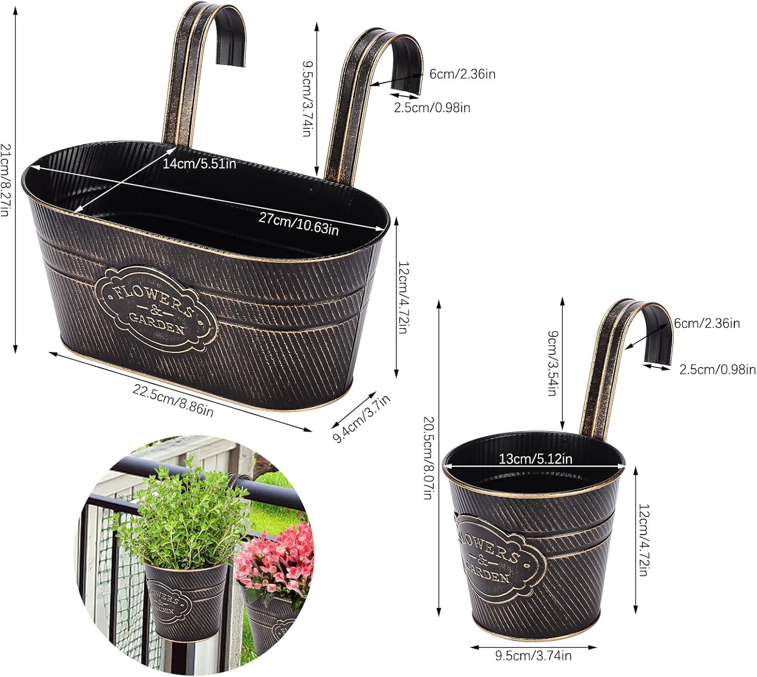 PerGar Vintage Metal Iron Wall Hanging Flower Pots, Rustic Planter Bucket Herb Flower Plant Holder with Detachable Hooks & Drainage Hole for Railing Fence Balcony Deck Garden Home Decoration, Set of 3-VerdiqueGarden