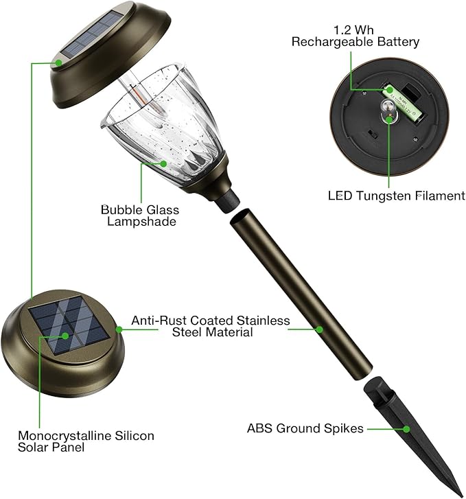 XMCOSY+ Solar Pathway Lights Outdoor, 10/25 LM in 2 Lighting Modes, Glass Stainless Steel Waterproof Outside Solar Powered Garden LED Lights for Yard Lawn Driveway Walkway Landscape Decor(Warm White)-VerdiqueGarden