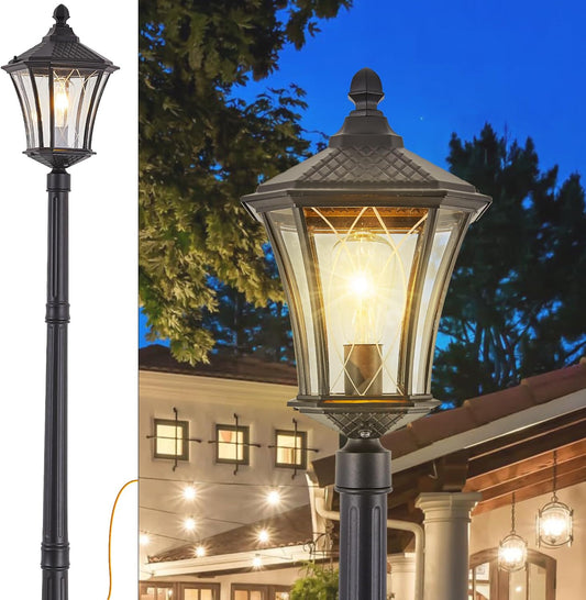 Outdoor Lamp Post Lights with Outlet, Dusk to Dawn Pole Lamp with Patterned Glass, Aluminum Waterproof Outside Street Lights, Hardwired Black Light Pole for Backyard, Garden, Driveway-VerdiqueGarden