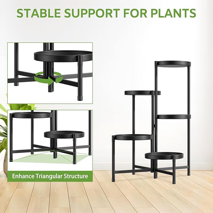 iDavosic.ly 5 Tier Large Plant Stand Indoor with 10 Inch Wide Tray, Tiered Corner Metal Outdoor Flower Display Holder Shelf, Folding Tall Rack for Patio Porch Living Room, Modern Black-VerdiqueGarden