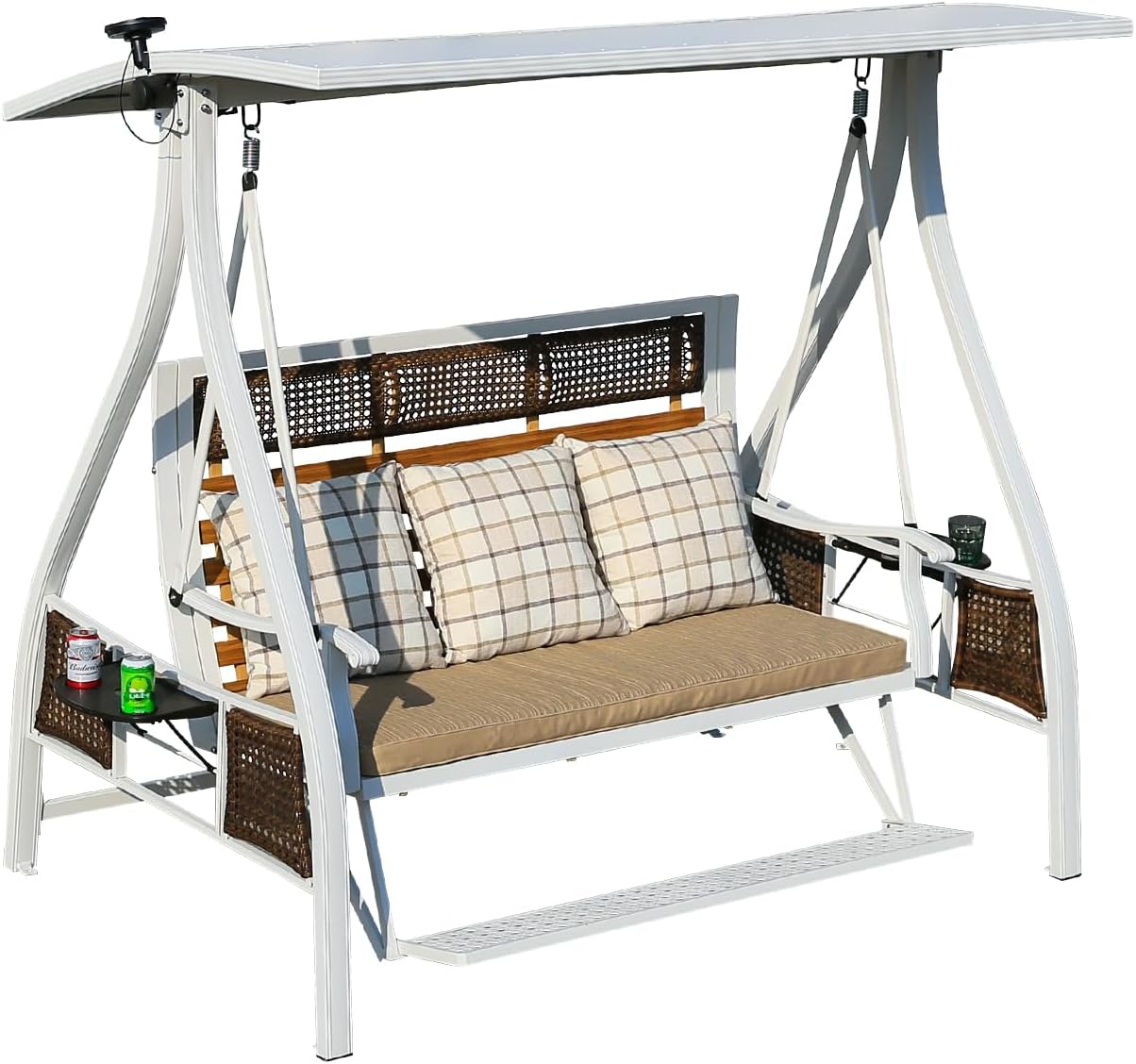 2/3-Seat Outdoor Patio Porch Swing with Adjustable Aluminum Alloy Canopy Solar Patio Swing Chair Bench with Footrest Side Cup Holder for Backyard Lawn (Himalaya White-3 Seat)-VerdiqueGarden