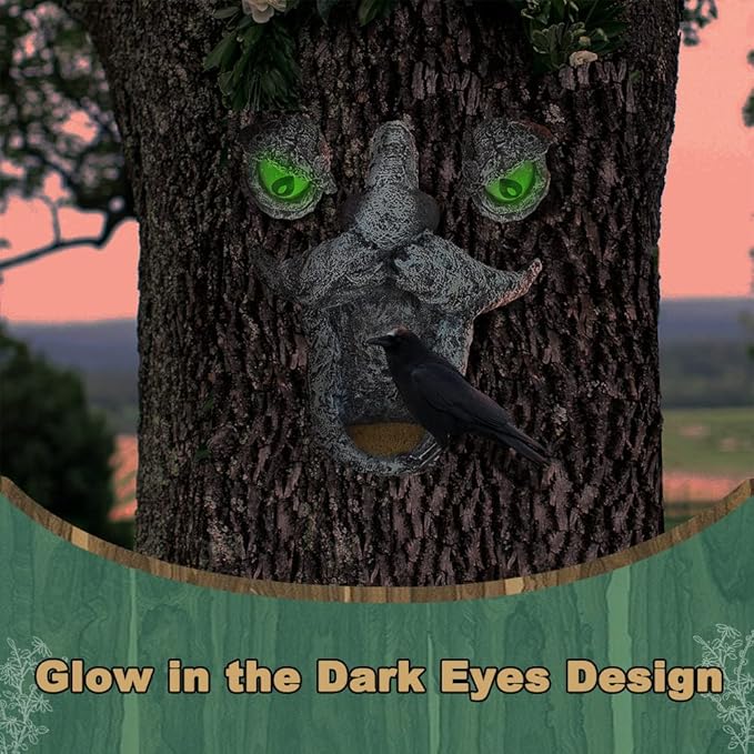 Tree Face Bird Feeder,Tree Faces Decor Outdoor,Old Man with Glowing Eyes in Dark,Wild Bird Feeder,Tree Yard Art Sculpture,Whimsical Garden Spring Decor-VerdiqueGarden