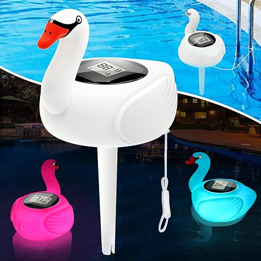 KingSom Digital Pool Thermometer,Solar Pool Thermometer Floating Easy Read with Color Changing Swan Light,Floating Pool Thermometer with Large LCD Screen and String,Pond Water Temperature Thermometer-VerdiqueGarden