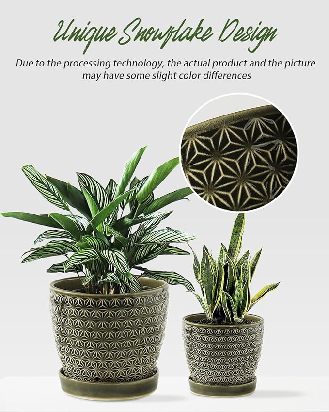 Plant Pots, Flower Pots, Planters for Indoor Plants(6.5+5.5inch), Flower Pots for Indoor Plants with Drainage Hole and Saucer, Ceramic Pots for Plants with Hole Mesh Pad,Reactive Glaze Green-VerdiqueGarden