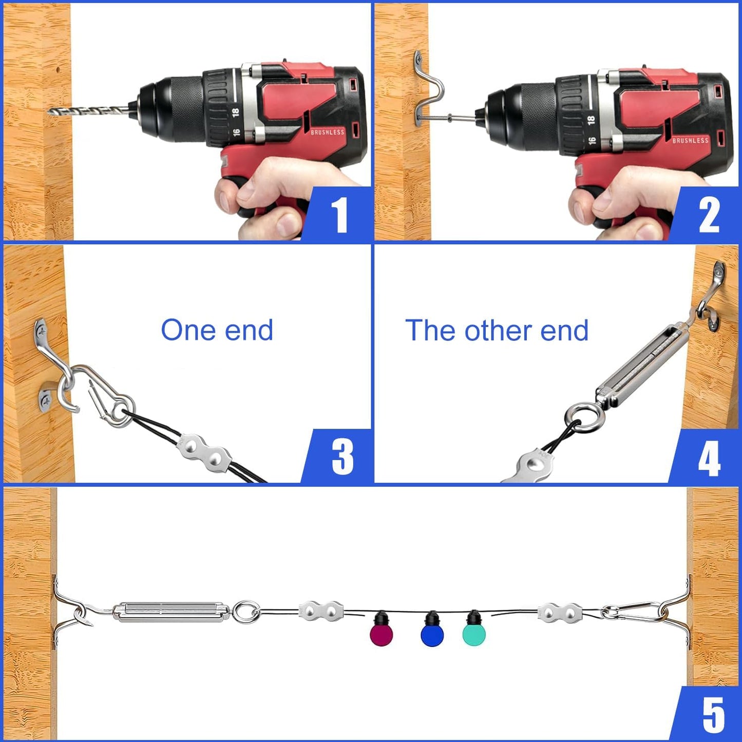 164FT Black Vinyl-Coated 304 Stainless Steel Cable – Heavy Duty String Lights Hanging Kit with Turnbuckle, Thimble & Hooks for Outdoor, Patio, Garden, Christmas Lights-VerdiqueGarden