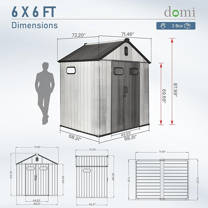 Domi 6x6 FT Outdoor Resin Storage Shed, All-Weather Double-Wall Storage Building for Backyard, Garden, Lawn Tools, Mower, Bike & Pool Equipment, Lockable Doors, Ventilated Roof, Grey-VerdiqueGarden